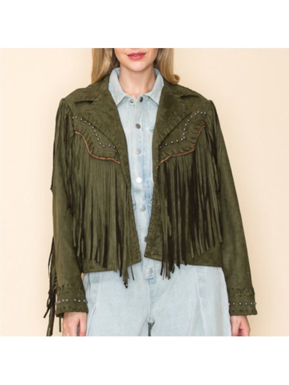 VOCAL WESTERN BOHO SHABBY CHIC STUDDED suede fringe jacket cropped olive -XL
